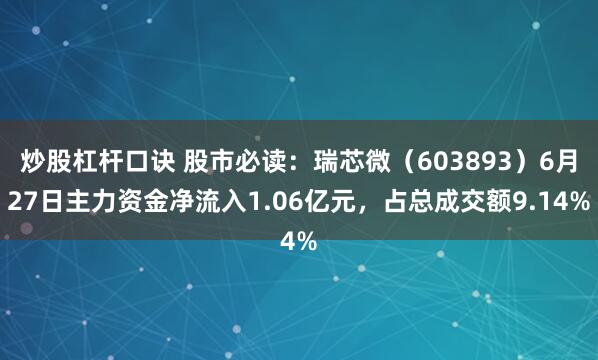 炒股杠杆口诀 股市必读：瑞芯微（603893）6月27日主力资金净流入1.06亿元，占总成交额9.14%